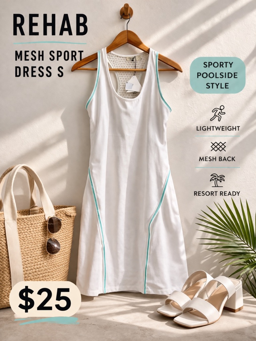 Rehab Mesh Sport Cover Up Dress Size S NWT White Aqua Trim